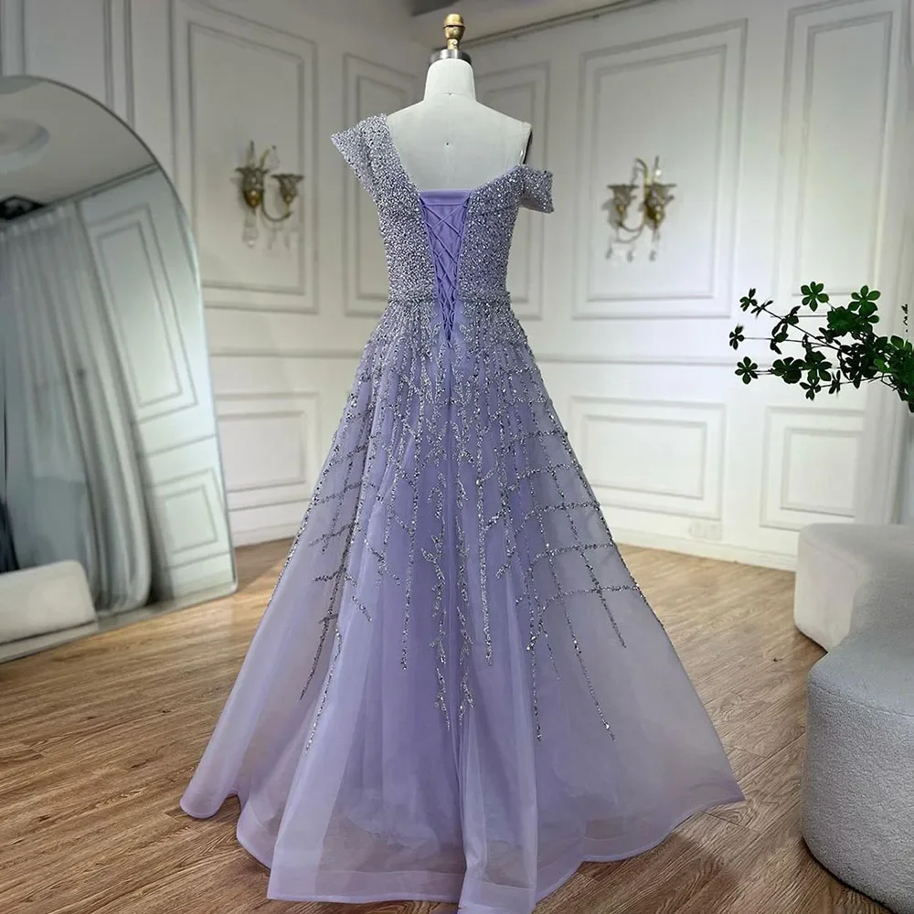 SERENE HILL Customized Lilac Luxury Beaded A-Line Evening Dress 2025 Arabic Off Shoulder For Women Wedding Party Gown CLA72224