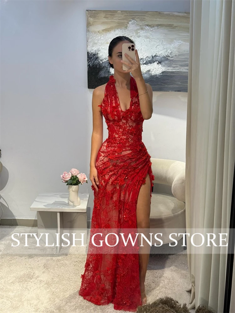 Sparky Pink Halter Sequin Prom Dresses Long Bead Crystal High Split Evening Dress Ruffles Mermaid Beauty Pageant Gown Customized