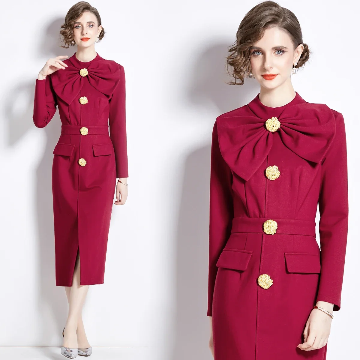 Autumn and Winter Skirt Stand Collar Long Sleeve Bow Waist Button Decoration Slim Slit Dress