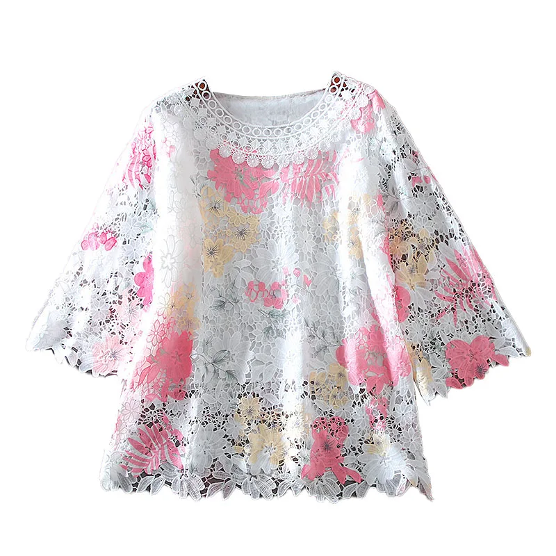 Summer Sweet Lace Shirt Hollow-out Elegant Loose Casual Socialite Sense of Design Shirt Women's Top Pullover Blusas Femme 2024