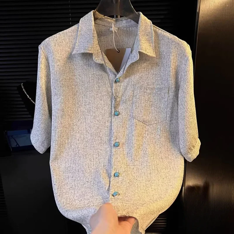 Men's Summer Vintage Minimalist Collared Short Sleeve Button Down Shirt, Loose Fit Casual Top with Speckled Shimmer Particle