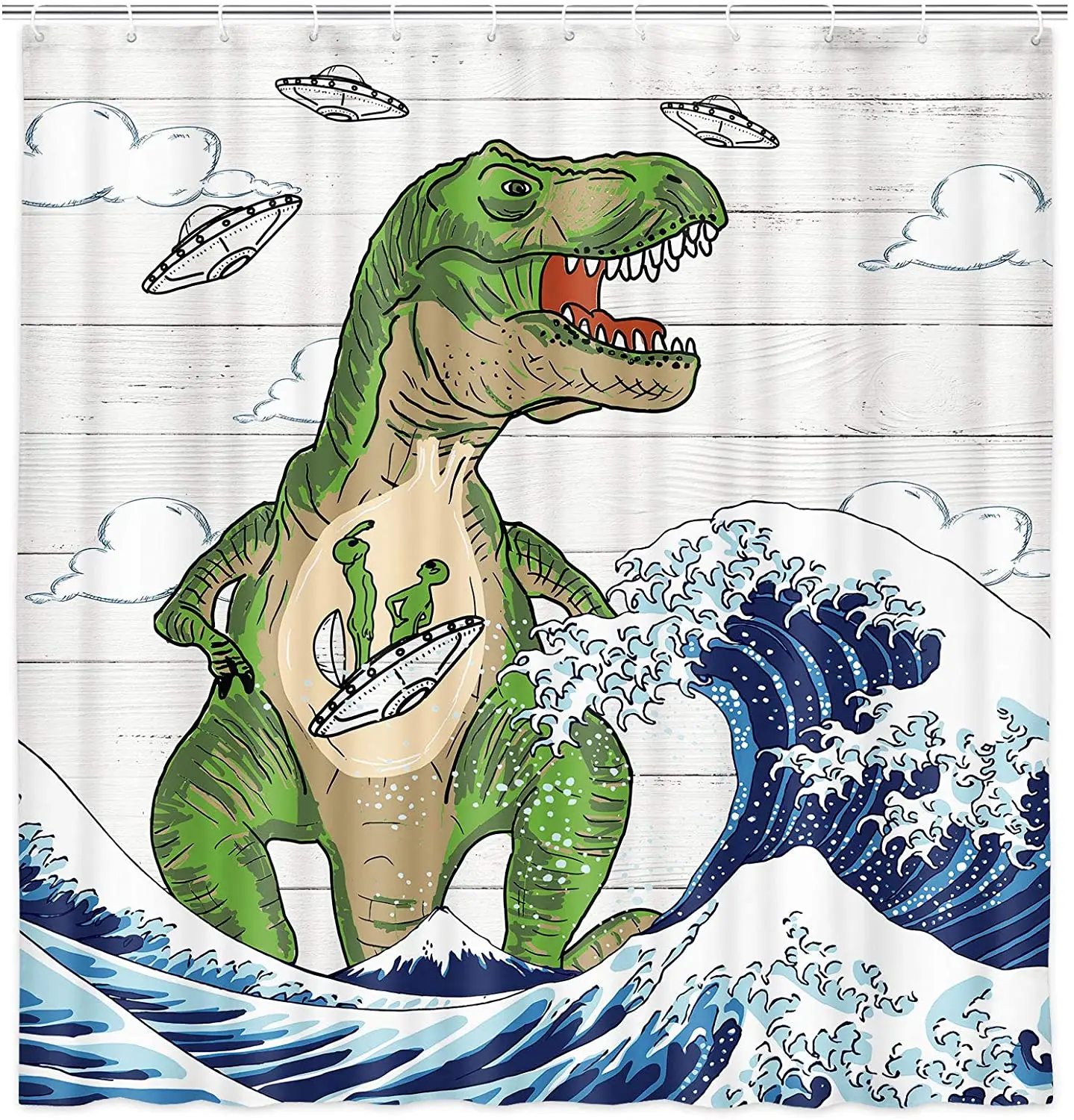 Funny Dinosaur Fabric Shower Curtain Kids Fun Alien UFO T-Rex Dinosaur with Hooks Great Wave Off Kanagawa Bathroom Curtains