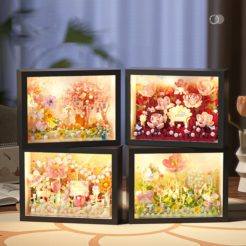 

iDEA Nanobricks Flower World Micro Diamond Block Cherry Rose Sunflower Building Brick 3D Photo Frame Toy With Light For Gift