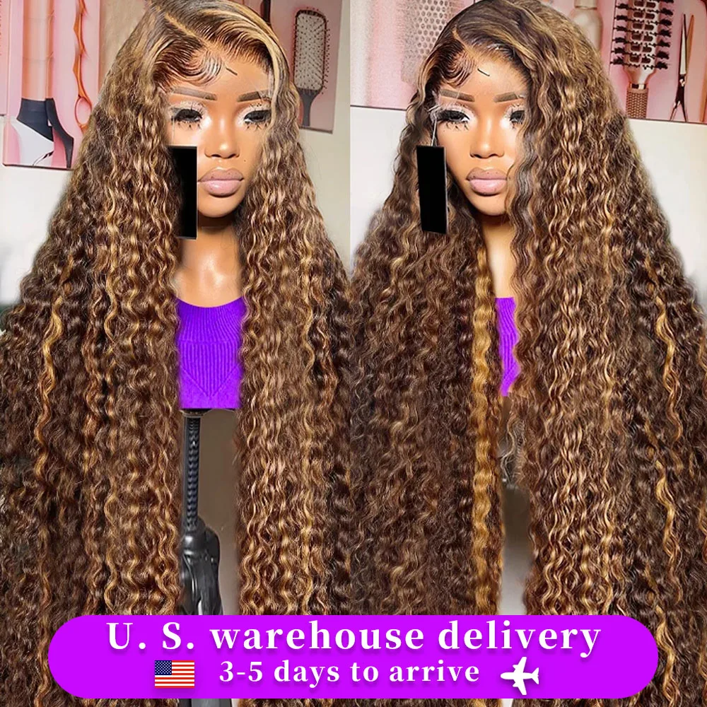 Wig rambut manusia bagian depan renda Hd Guluess Ombre Highlight keriting 36 inci 13x6 Wig Deep Wave 4/27 berwarna obral Wig Frontal 13x4