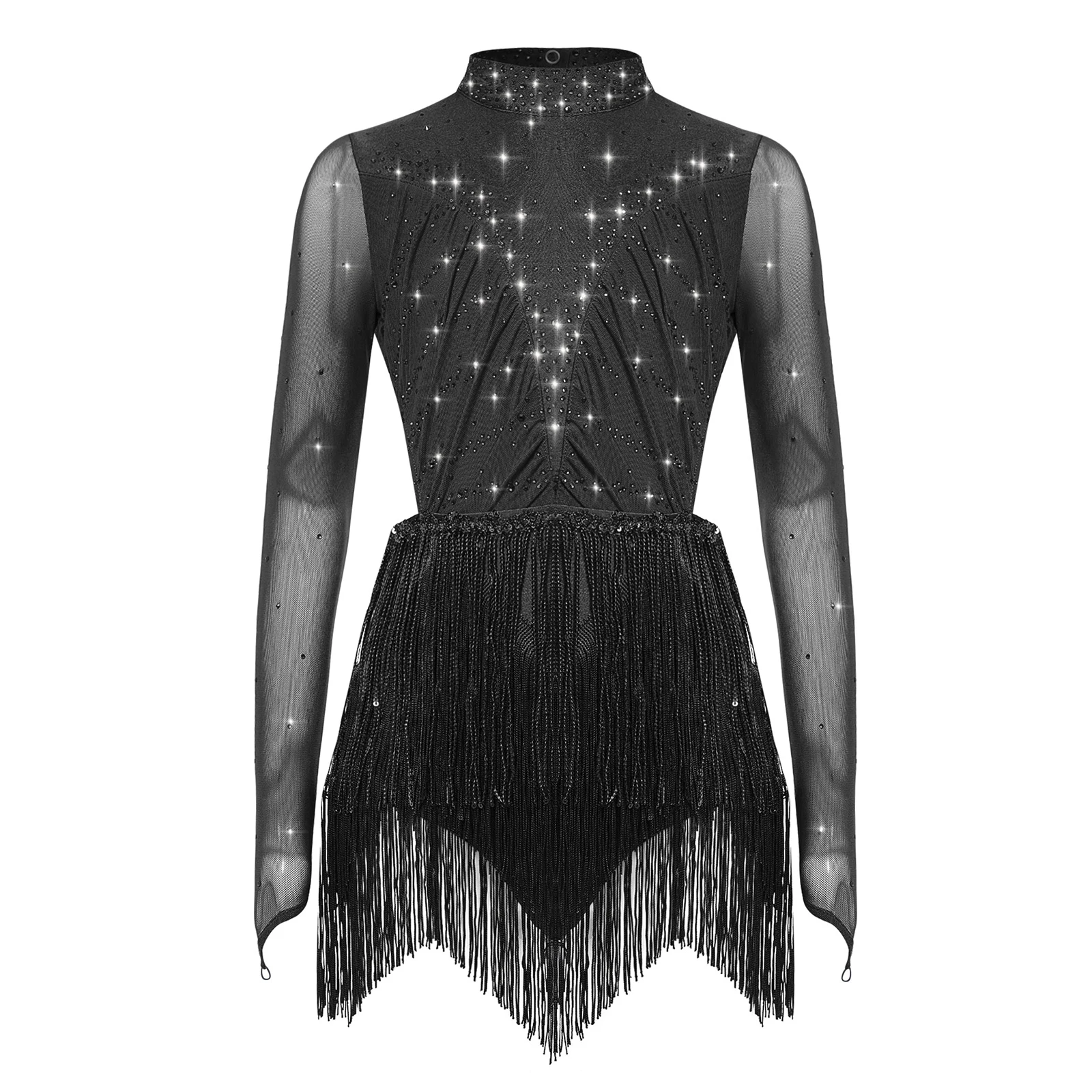 Kids Girls Backless Latin Dance Leotard Long Sleeve Shiny Rhinestones Sequins Tassels Skirt Bodysuit for Performance Competition
