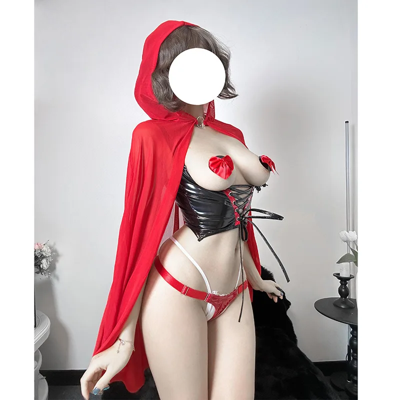 Anime Little Red Riding Hood Sexy lingerie Cosplay Costume Women Open Bra Crotchless Bodysuit Hot Erotic Clothes Nightdress Suit