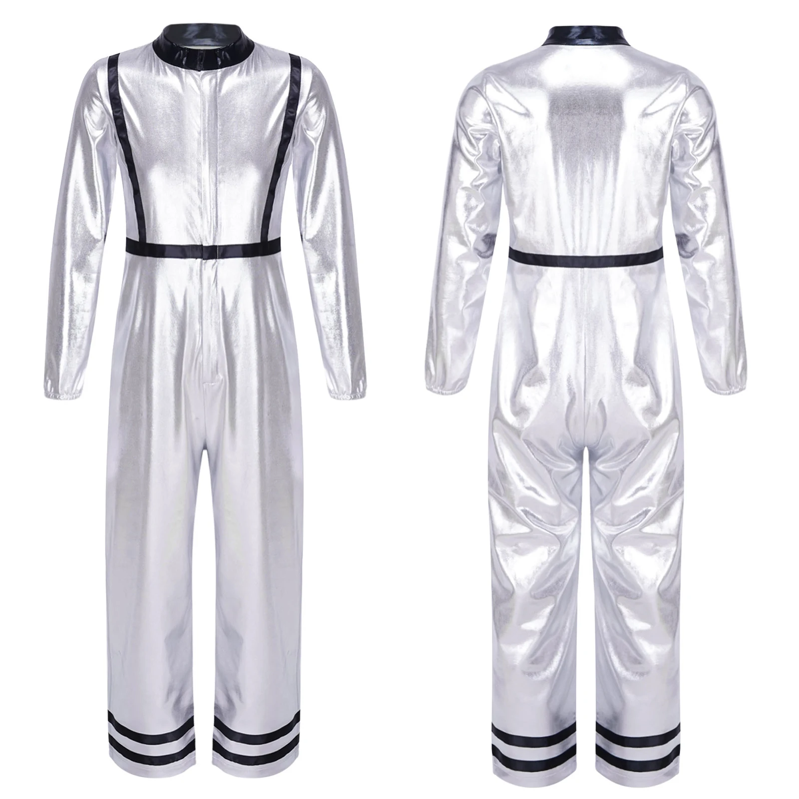 Children Astronaut Costume Halloween Cosplay Costumes Long Sleeve Zipper Shiny Metallic Color Jumpsuit for Stage Performance