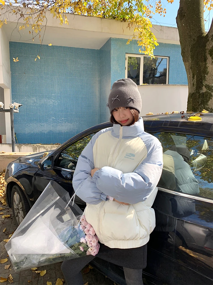 

NIDEBLA Korean Sle Girl Color Blo Stand Collar Cotton Jaet Women's American Loose Warm Couple Casual Cotton Coat