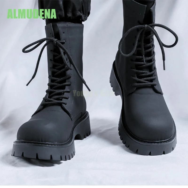 

Thick Soled Black Short Boots for Both Men and Women, Versatile Fashionable, Lace Up Style, Side Zipper Casual Boots