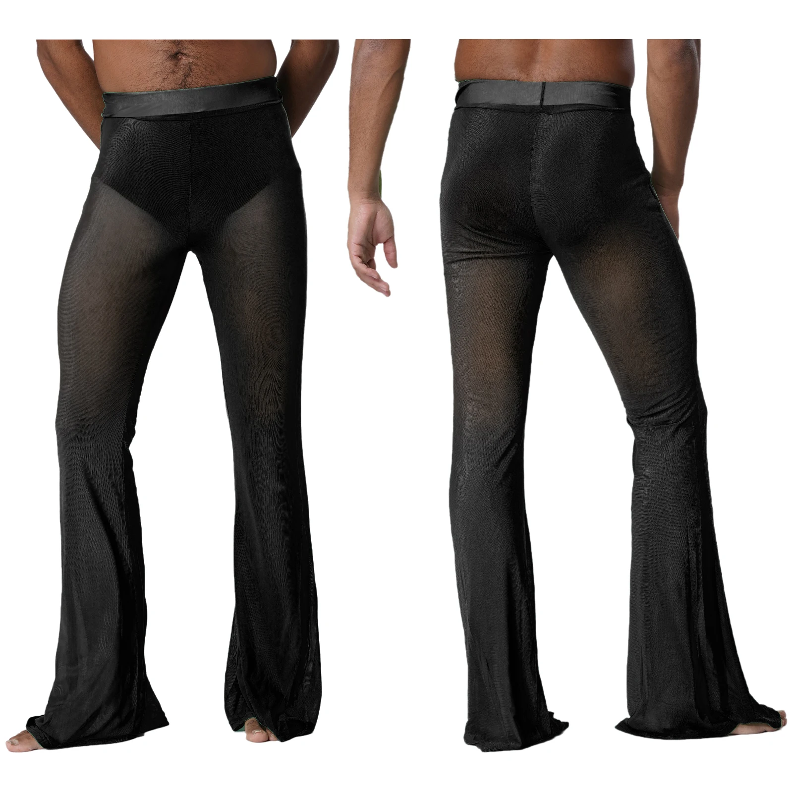 

Adult Men Sexy See Through Flared Pants High Waist Breathable Trousers Long Pants Beachwear Briefs Cover Pool Party Sexy Pants