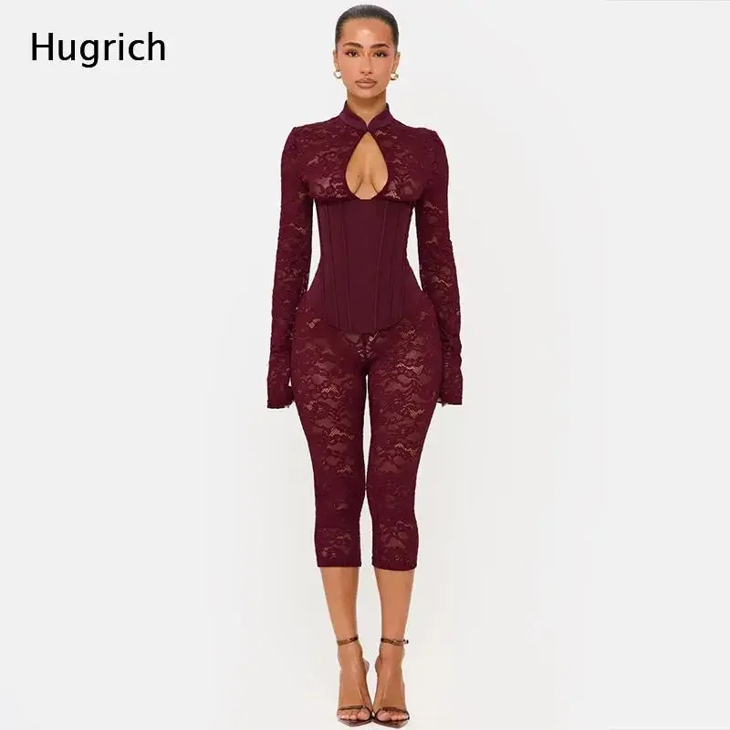 Women's Long Sleeve Lace Bodysuit and Capri Pants Set - High Neck Keyhole Cutout Jumpsuit for Clubwear, Party or Night Out