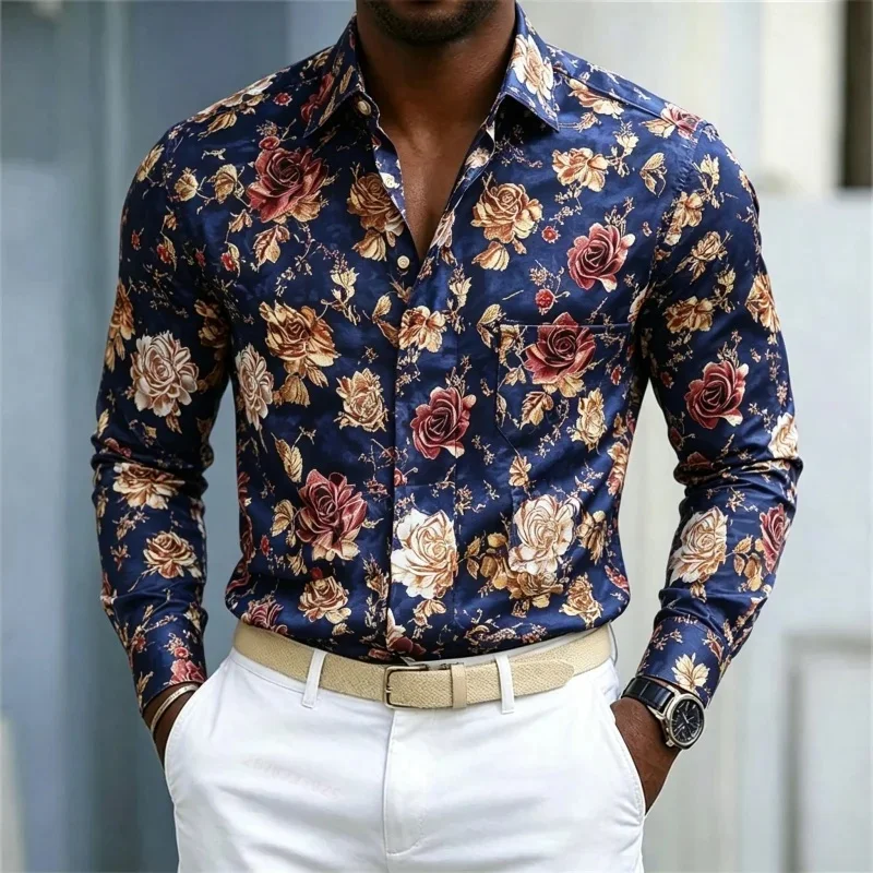 2026 New Men's Shirt Retro Rose Shirt Blue Bottom Gold Red Rose Printed Men's Slimming Long Sleeve Shirt Street Style Men's Wear
