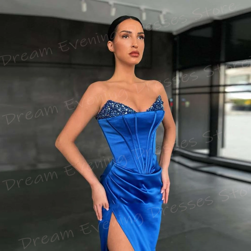 Vestido de noite sem alças feminino, vestido de baile com fenda lateral, elegante azul royal, sexy e clássico, moderno e elegante