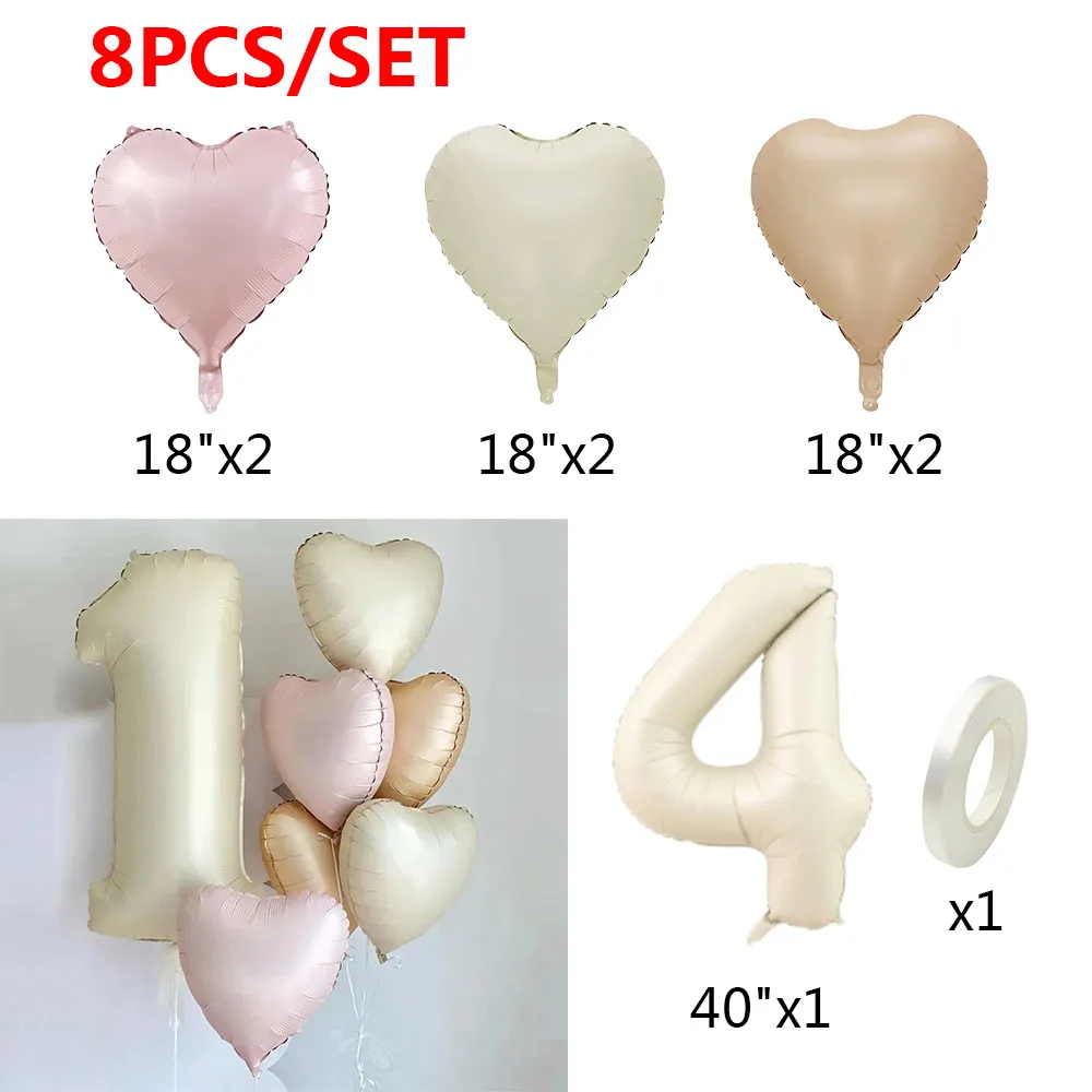 크림 컬러 하트 호일 풍선 세트, 숫자 풍선, 생일 파티 장식, 어린이 소녀 소년, 1, 2, 3, 4, 5, 6, 7, 8, 9, 40 인치, 8 개