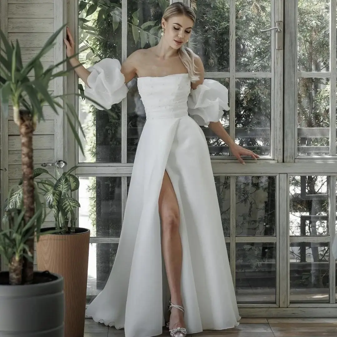 Organz-vestido De novia acampanado, prenda con abertura lateral hasta el suelo, manga abombada, personalizable a las medidas, con cordones en la espalda