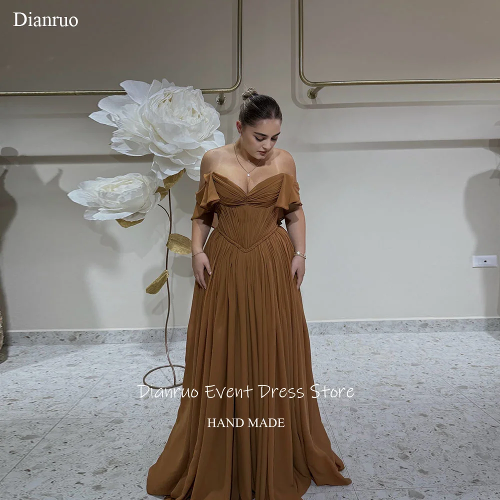 

Dianruo Off The Shoulder Evening Dresses A Line Ruffled Vestidos De Festa Sweetheart Brown Chiffon Vestidos De Gala Customized