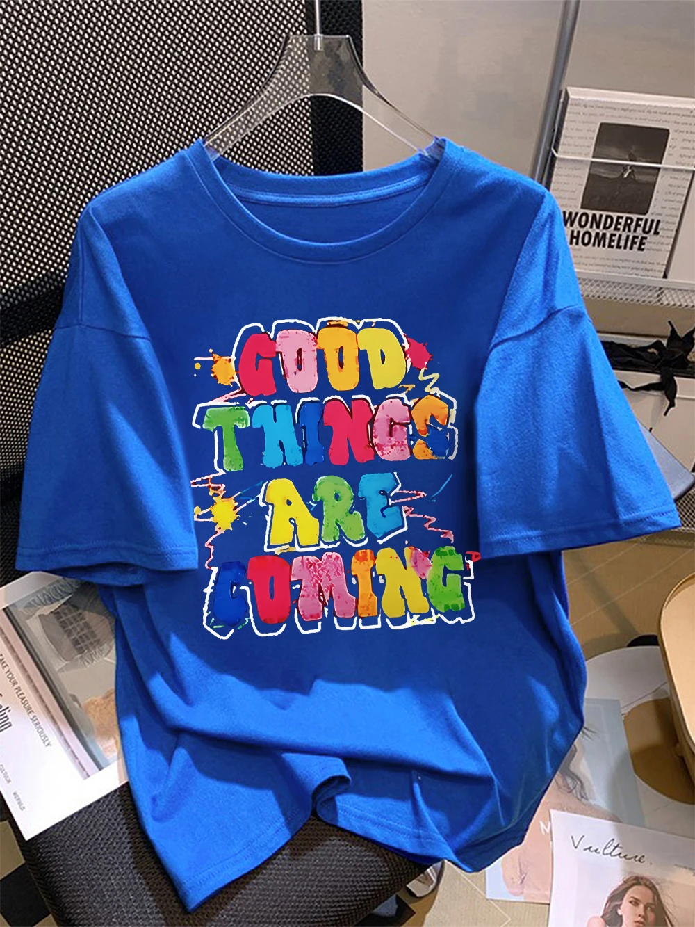 

Summer Cotton T-Shirt Women Good Things Are Coming Colorful Letter Printed T Shirt O-Neck Soft Loose Tops Casual Woman Clothes