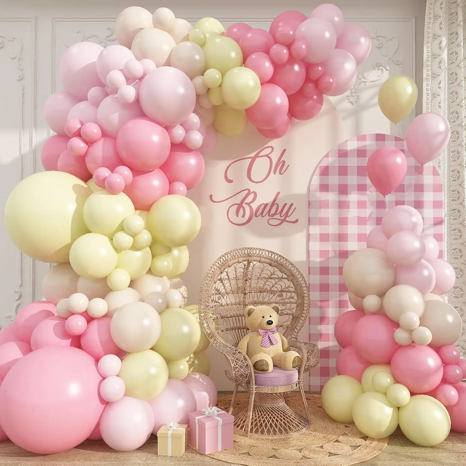 101Pcs Pink and Yellow Balloon Arch Kit White Sand Balloons for Bear Themed Birthday Bridal Baby Shower Wedding Party Decoration