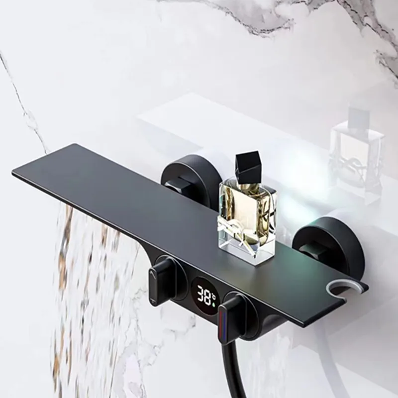 

All-copper digital display two-function shower set, lifting rod, silicone shower, waterfall outlet rack, water dragon