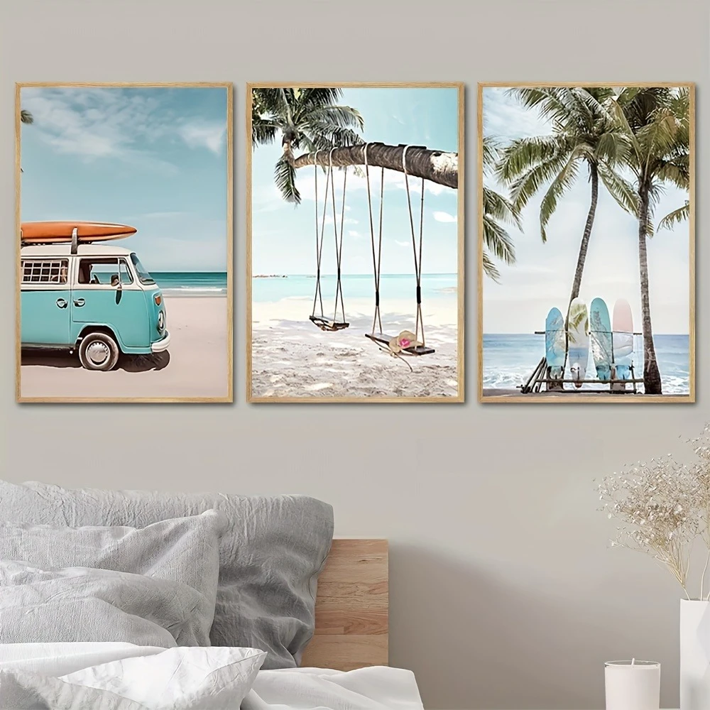 3pcs/set Blue Surfboard Car Palm Tree Seaside Scene Canvas Printing Summer Beach & Ocean Wall Art Posters for Modern Home Decor