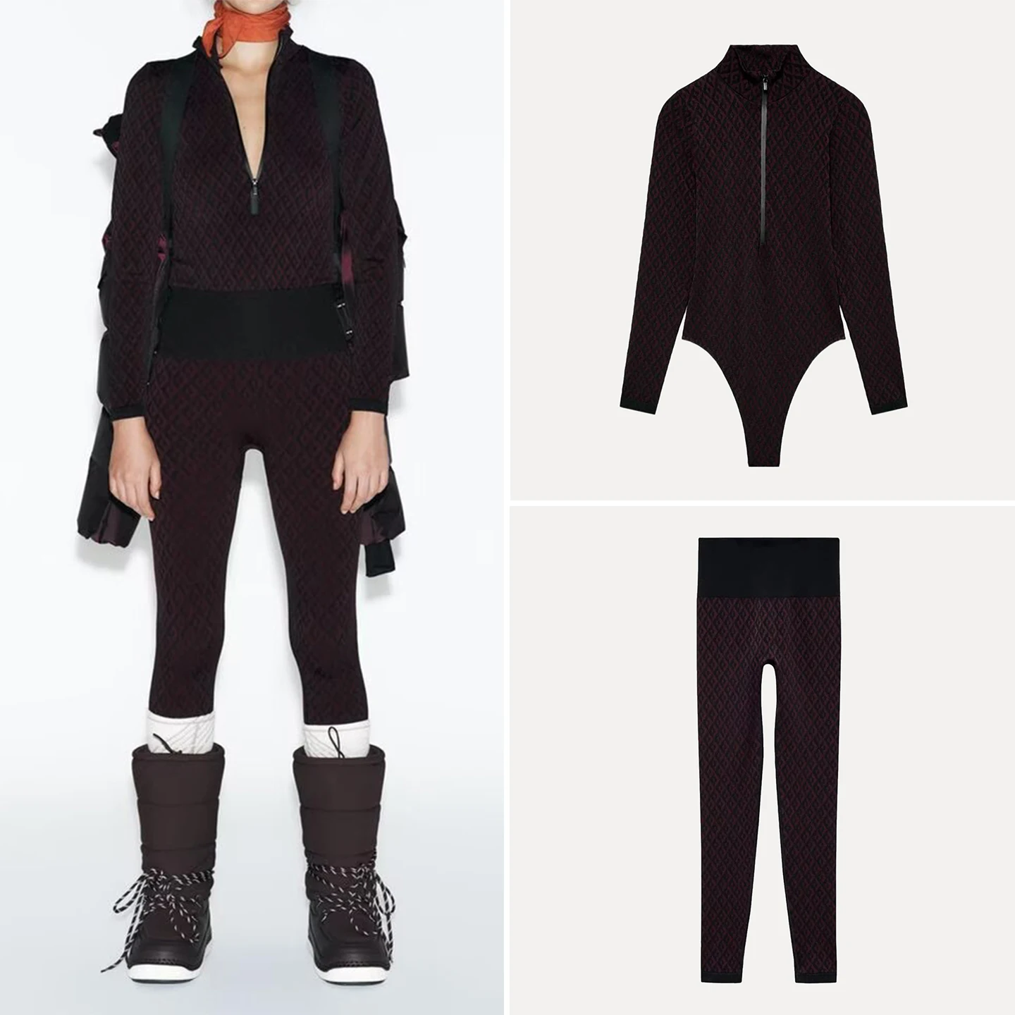 

Faionable Slim Fit Floral Print Onesie Set Women's Knittedwear Long Sve Zipper Closure European Sle Winter 2025 New Ar...