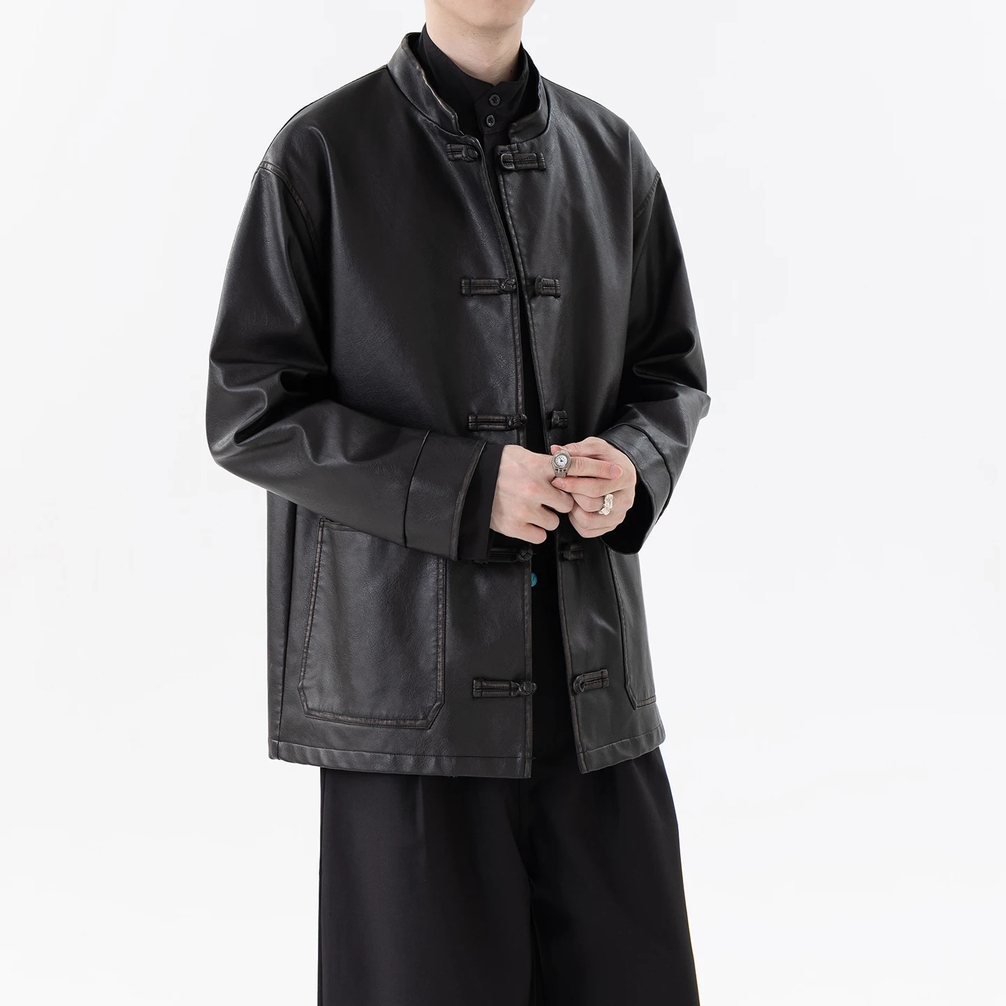 2025 Autumn Men Pu Leather Jackets Men China-Chic Vintage Casual Jacket Men Tang Buckle Jacket Male Windproof Warm Loose Coat
