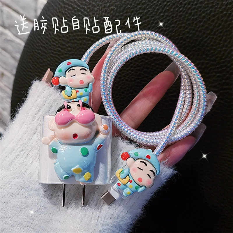 4pcs/set Crayon Shin-chan Data Cable Protective Case 20W for Iphone 15 14 Kawaii Cartoon Anti-fracture Charger Protective Case