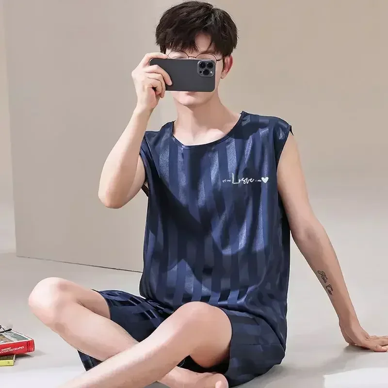 بيجامة جديدة، شورت سترة رفيع من الحرير الجليدي للرجال، طقم ملابس نوم للرجال، مقاس كبير بدون أكمام ملابس مريحة غير رسمية #5