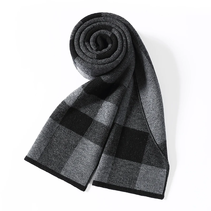 100% Real Sheep Wool Long Scarves for Mens Fashion Patchwork Plaid Knit Scarf Classic Pure Wool Warm Long Scarf