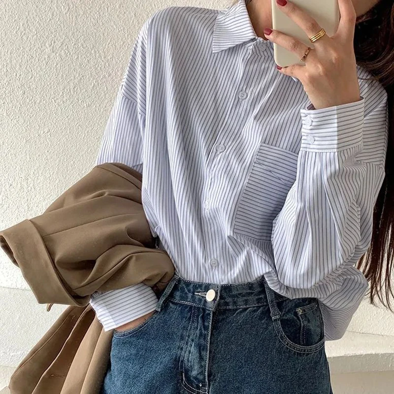 Striped Shirt Women Summer New Fashion Elegant Loose Long Sleeve Top Korean Casual Office Ladies Turn Down Collar Blouse