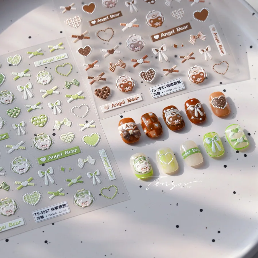 Cartoon Ribbon Bowknot 5D Nail Art Stickers Tie Knot Angel Bear Heart Lovely Embossed Reliefs Self Adhesive Cute Manicure Decals