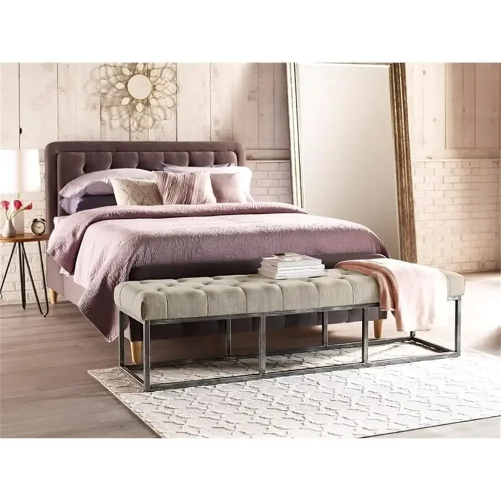 Upholstered Long Bench with Metal Legs, Padded Ottoman, Ideal for Bedroom, Ivory