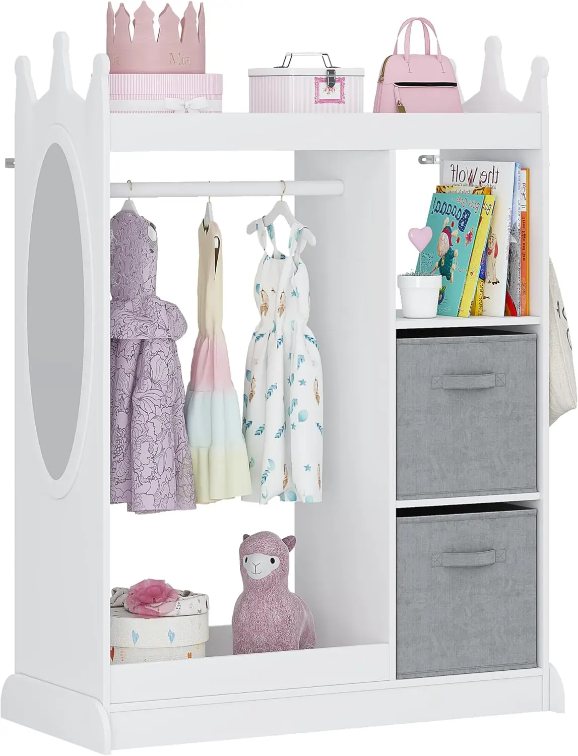

Kids Play Armoire with Mirror, Storage Bins and Closet for Dress Up and Costumes in White