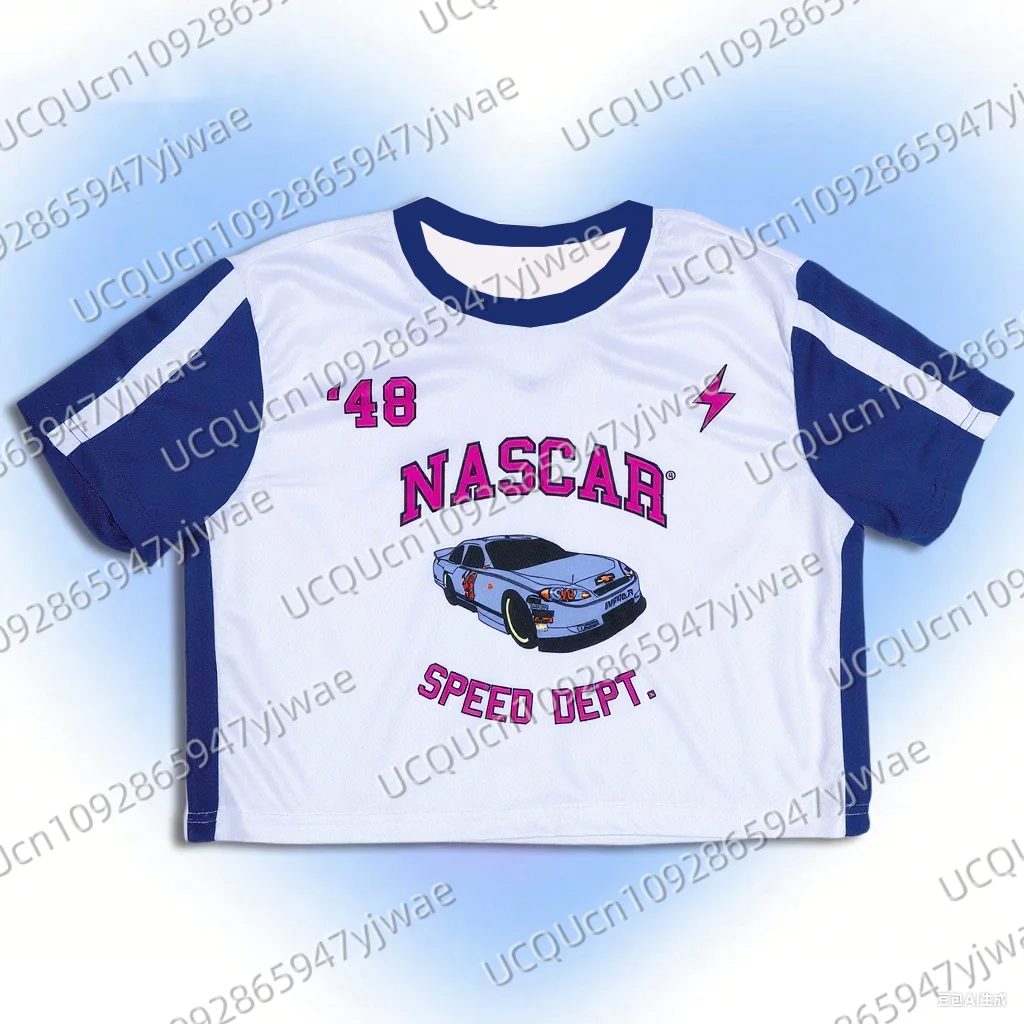 

Women's Retro Blue Motorcycle Print Casual Colorblock Fitted Cropped Short T-Shirt Graphic Tees Women Round Neck Tops Tee