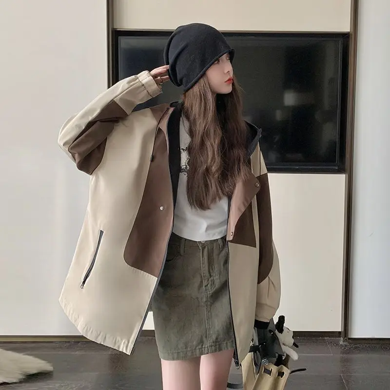 سترة نسائية فضفاضة مناسبة موديل 2025 ذات ياقة عالية مع قلنسوة ملابس خارجية غير رسمية للربيع والخريف سترة واقية بنمط هاراجوكو للتخسيس #5