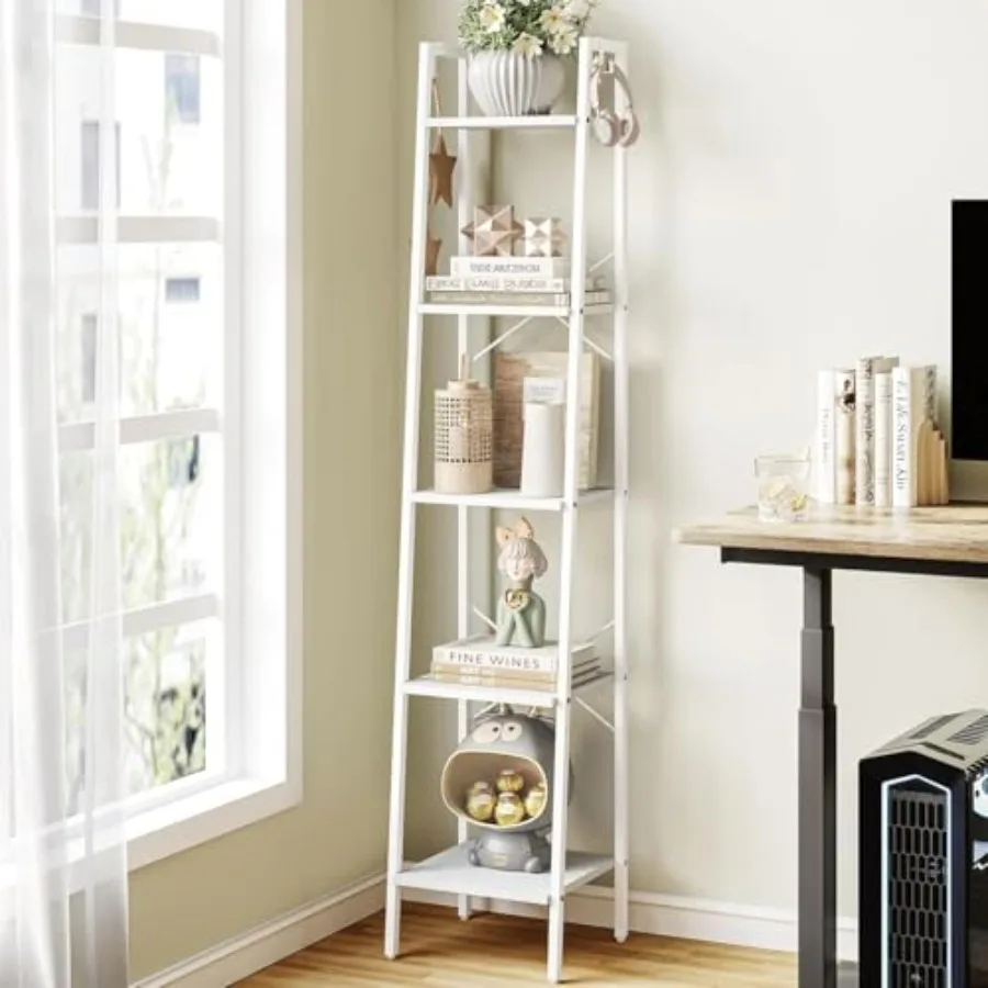 

Ladder Shelf, Bookshelf Bookcase, Freestanding Corner Storage Shee with 2 Hooks for Home Office, Living Room, Kitchen, Bedroom,