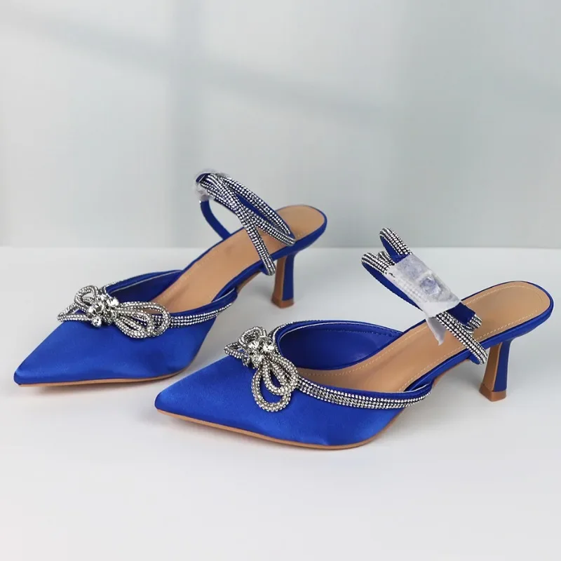 Damskie buty na wysokim obcasie Pumps Wedding 2024 Shiny Bow Knot Mules Pointed Stilettos Fashion Slingback Blue Sexy Summer Female Party Shoes