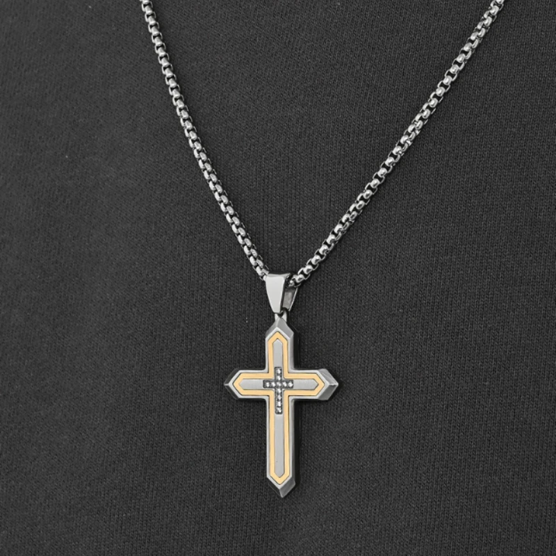 Kreuz Anhänger Edelstahl Qin Kaiser Schwert Körper Design Zwei Ton Hochwertige Halsketten Modische Schmuck Party Geschenk – Detail 8