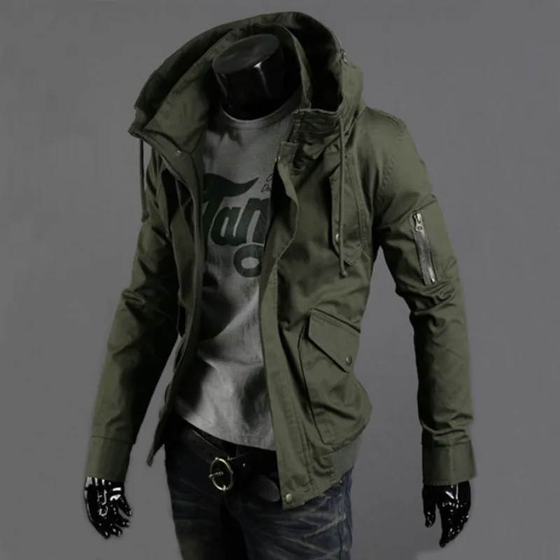 Men Bomber Jacket Military Multi-Pocket Hooded Coat Slim Men Clothing Zipper Long Sleeve Outerwear Green Black Blue Streetwear