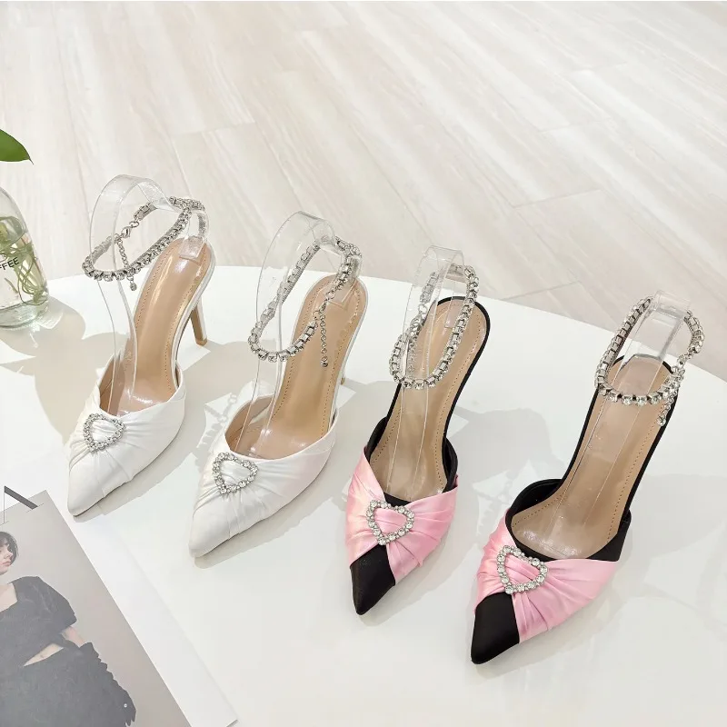 New Fashionable Pointed One-word with High-heeled Sandals Love Rhinestone Bag Head High-heeled Sandals Banquet Shoes Size 35-41