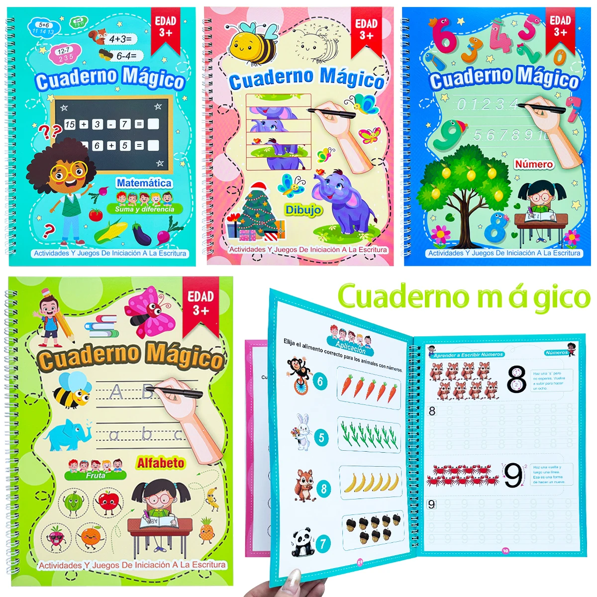 

Four optional Spanish exercise books for children over 3 years old - Alphabet, Numbers, Math, Drawing and Magic Practice books