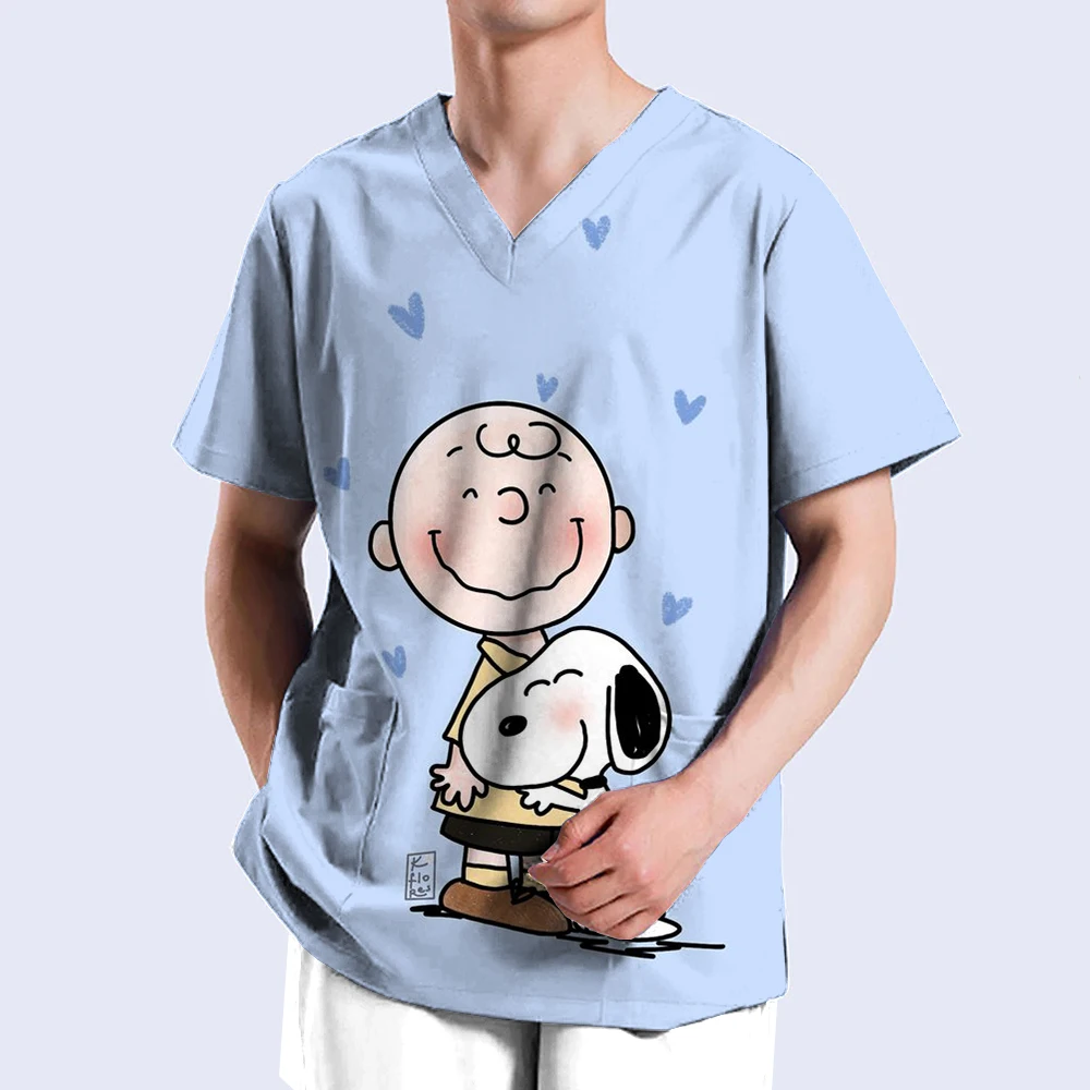 Cartoon Pflege Scrubs Tops Krankenschwester Uniform Snoopy Print T-shirt ERDNÜSSE Mann Frauen Mode V-ausschnitt Tasche Medizinische Arbeitskleidung y2k top