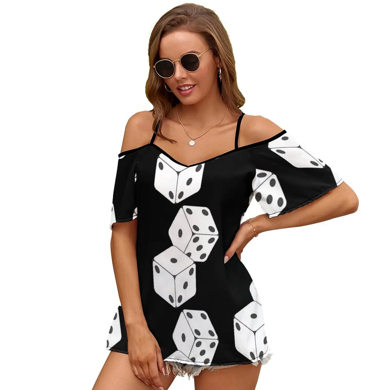 Rolled Dice Slit Sleeve Cold Shoulder Print Women T Shirt Casual Summer Tee Tshirt Loose Top Rolleddice Rolled Dice Play Games