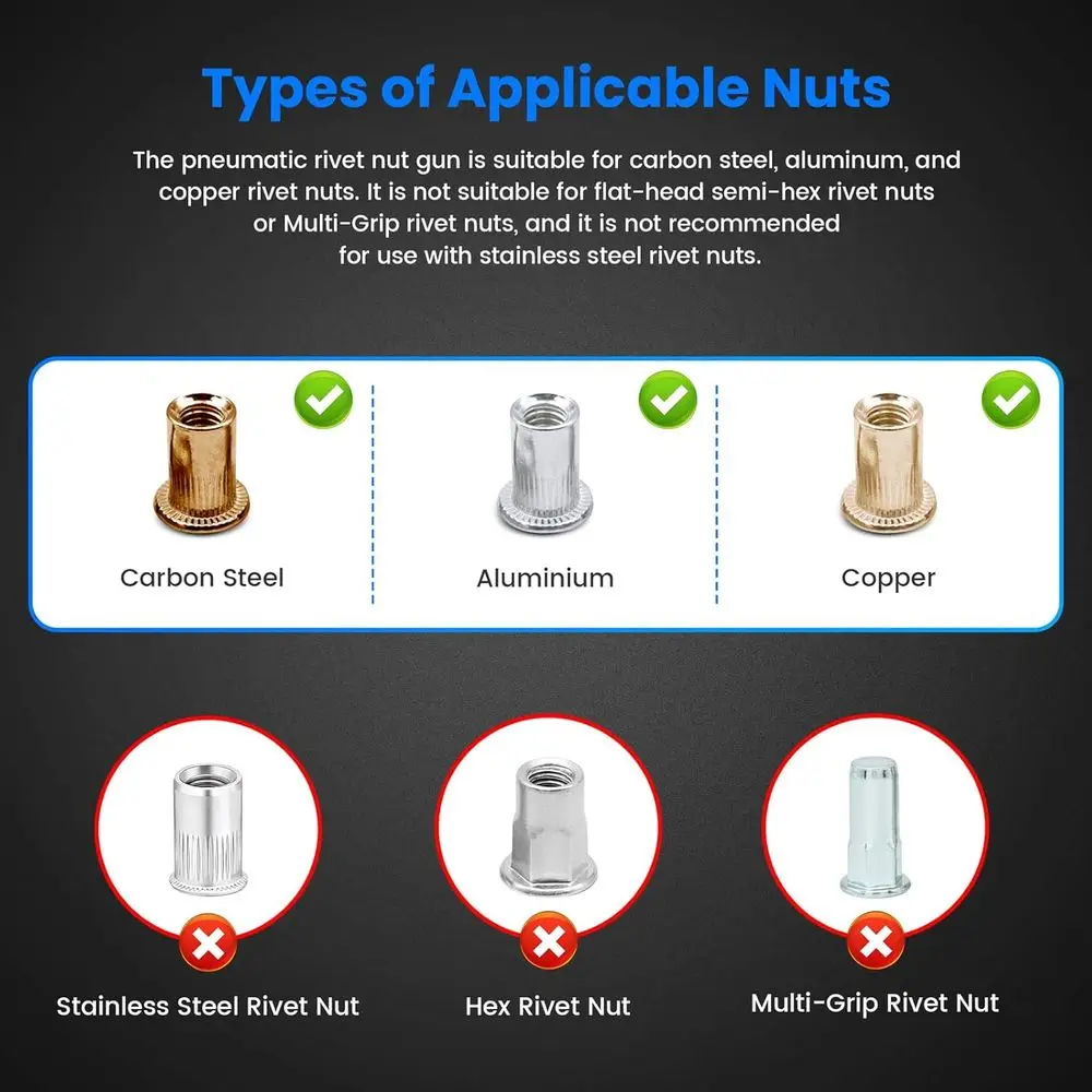 Rivet Nut Gun Kit with 1/4 & 5/16 & 3/8 Mandrels, Industrial Grade Air Rivnut Tool Set with Self-Locking Head Gun, Air Riveter N