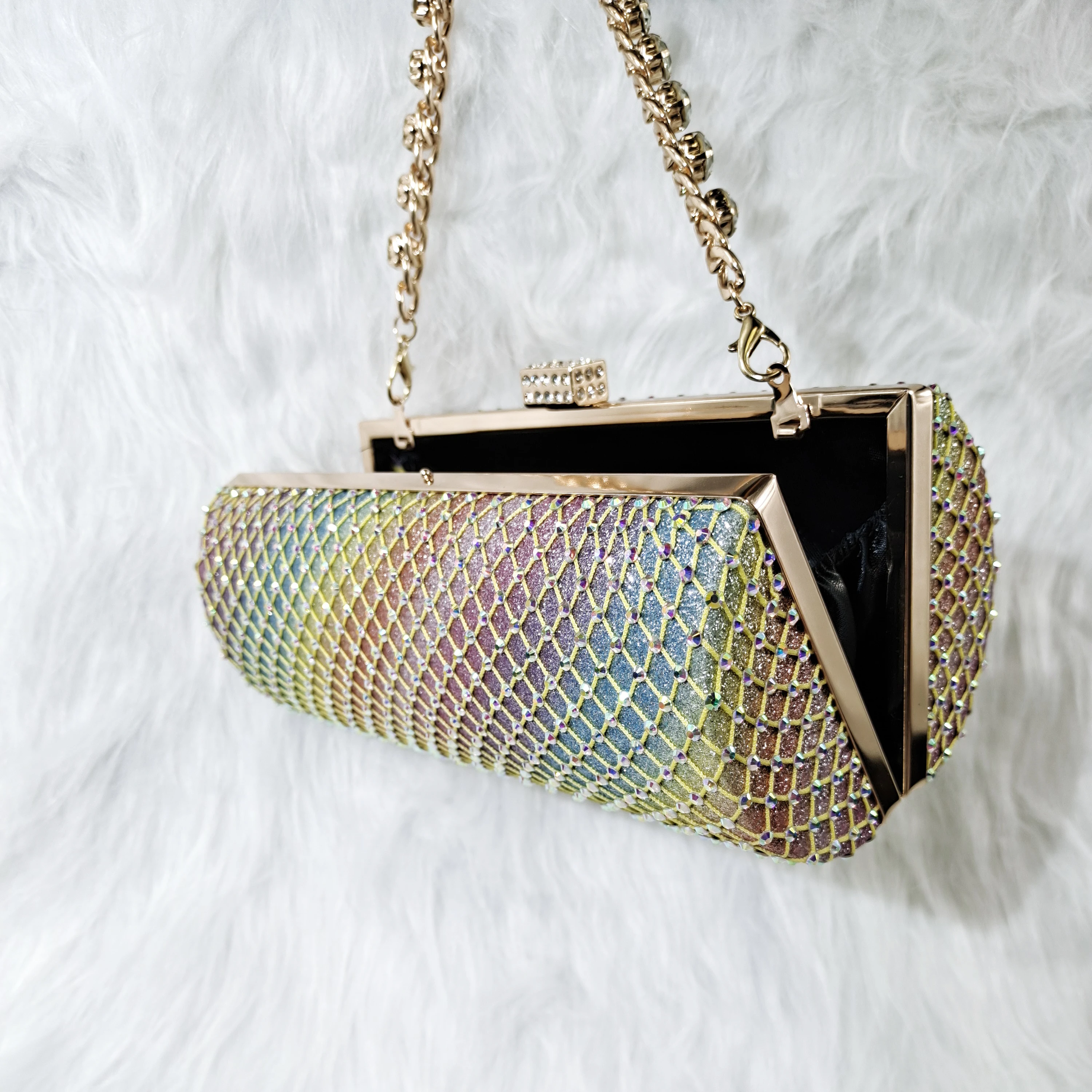 QSGFC Crystal Mesh Hard Bag  Evening Clutch Girly Fashion Small Bag Long Shoulder Strap Two-Way Bag