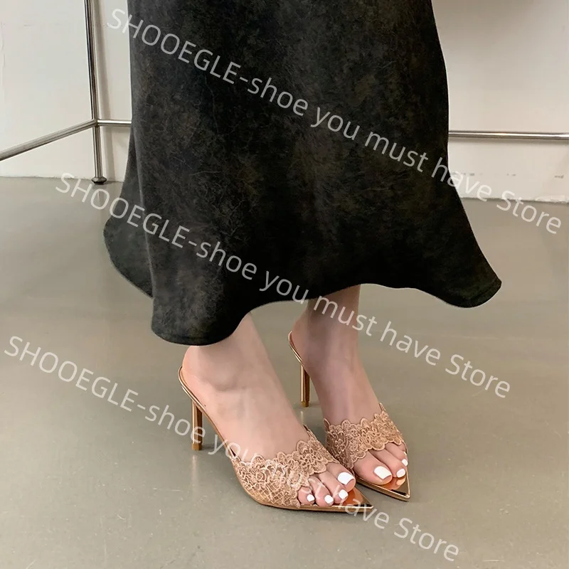 

Women's Rose Gold Metallic Pointed-Toe Kitten Heel Mule Shoes Lace Detail Elegant Retro Ladies Dress Party Summer Casual Slipper