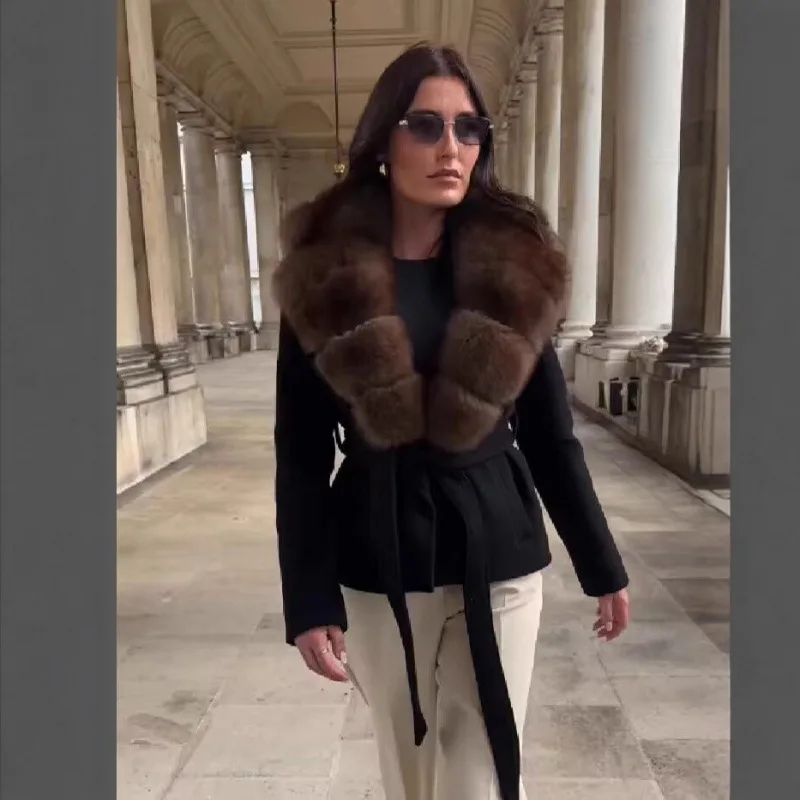 European and American Wind Speed Popular Fashion Trend Versatile Temperament Elegant Fur Collar Woolen Coat  Commuting Jackets