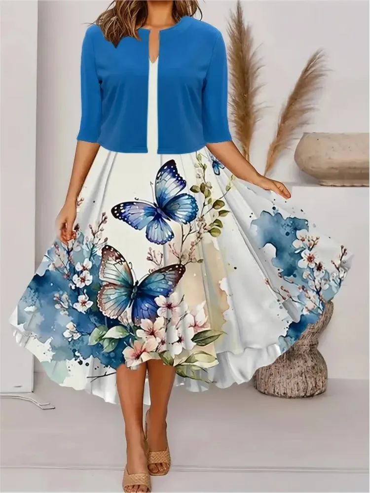 Casual V-neck Sleeveless Floral Print Long Dress For Women Half Sleeve Short Cardigan Suit Loose Midi Dresses Elegant Sets