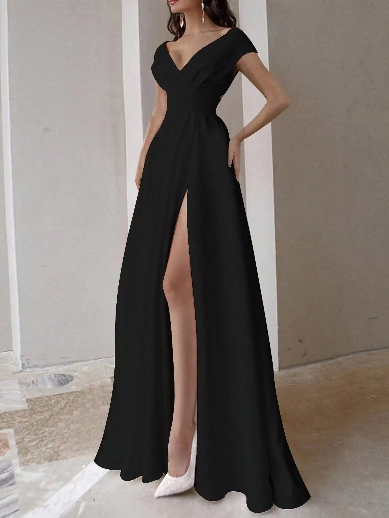 新しいドレス女性のサマードレスハイスリットソリッドエレガントマキシロングドレス結婚式の花嫁介添人パーティードレス女性服