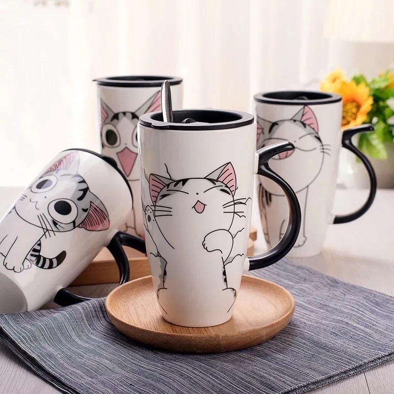 Cute Cat Ceramics Coffee Mug with Lid Large Capacity Animal Mugs Creative Drinkware Coffee Tea Cups Novelty Gifts Milk Cup